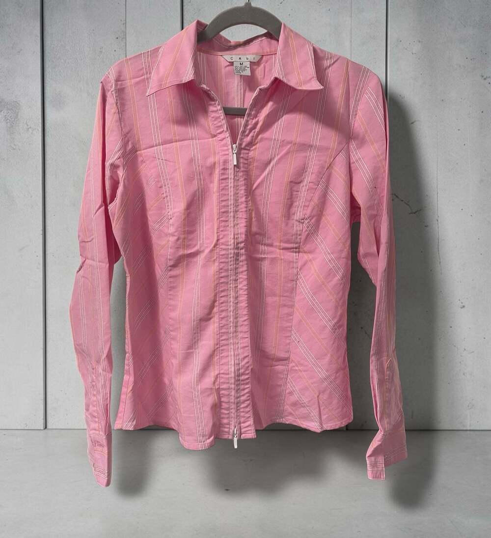 CAbi Vintage Y2K Women's Pink Striped Long Sleeve Full Zip Blouse